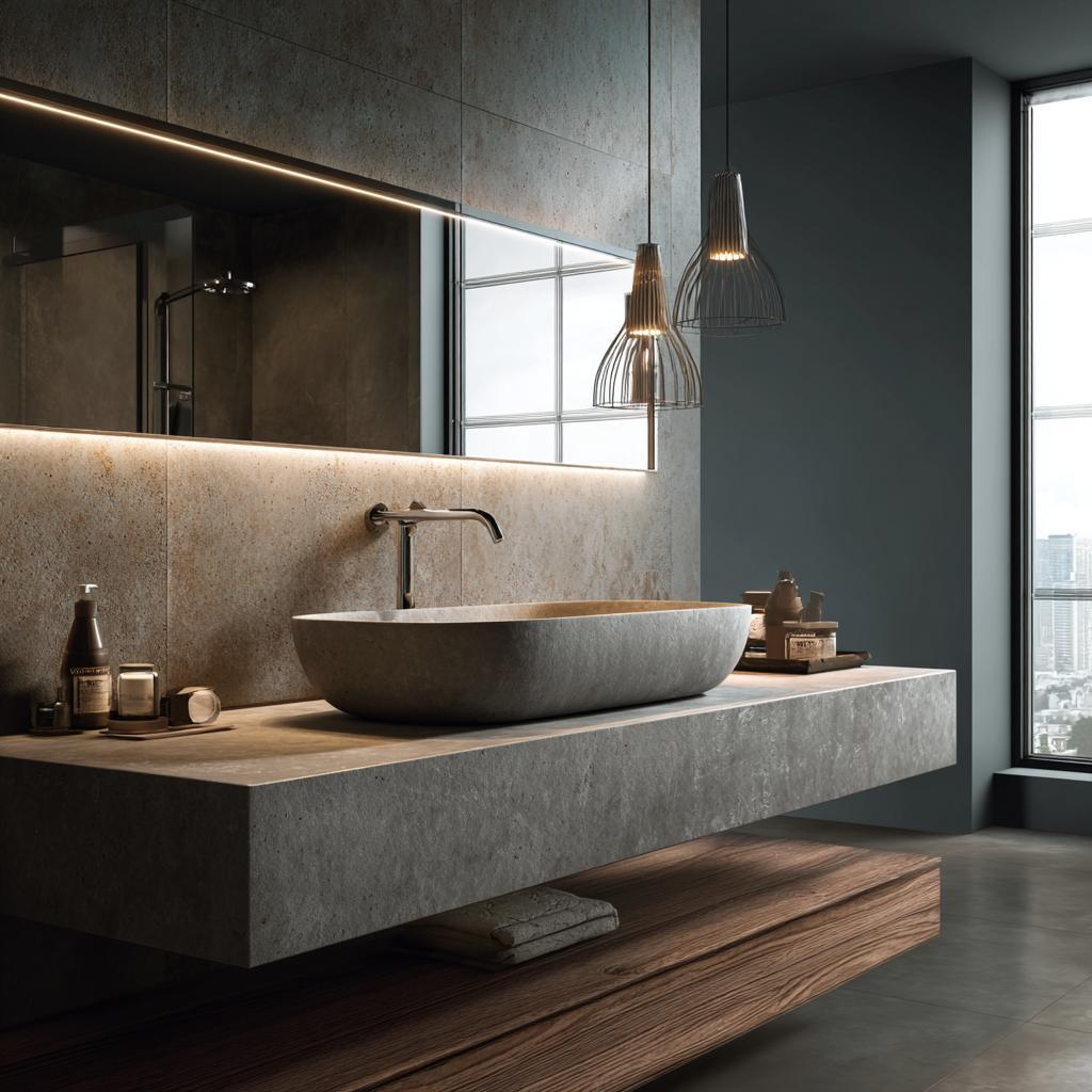  Textural bathroom with stone, metal, and backlit mirror