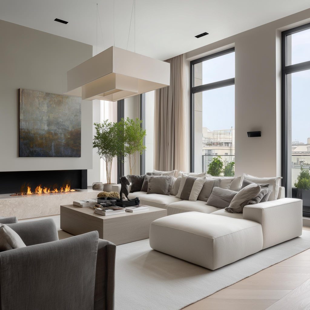  modern double height living room fireplace large artwork