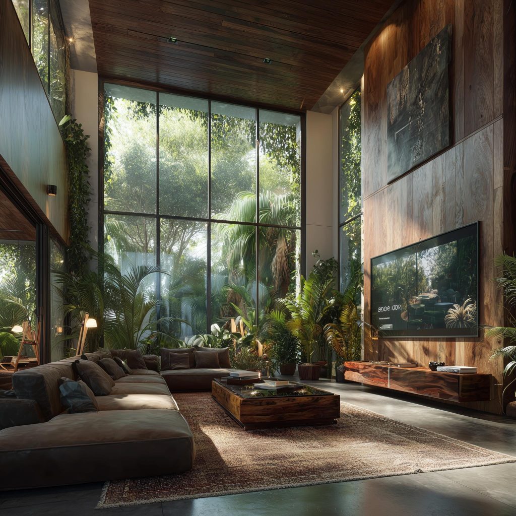 double height living room glass wall indoor trees
