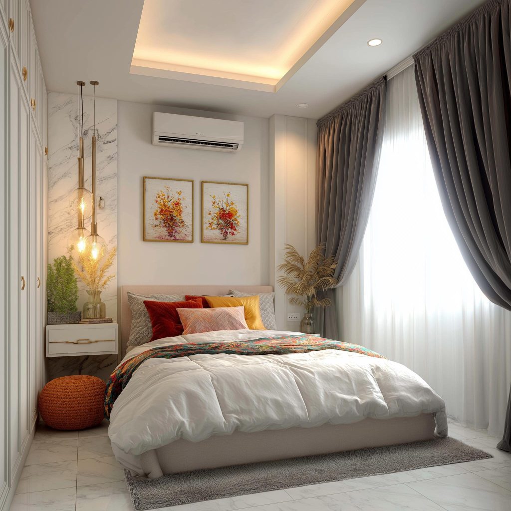 bedroom layout ideas LED shelves platform bed