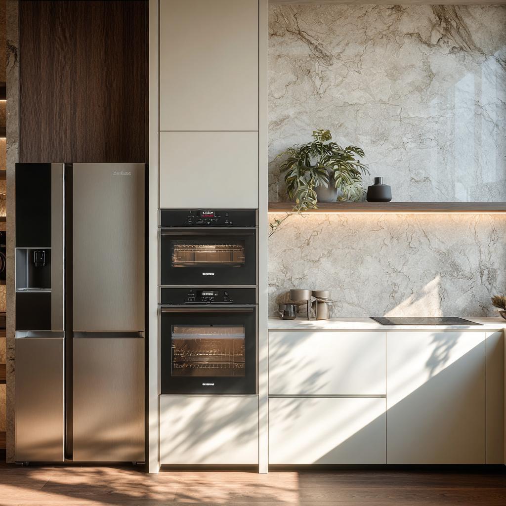 kitchen interior integrated appliances marble wood