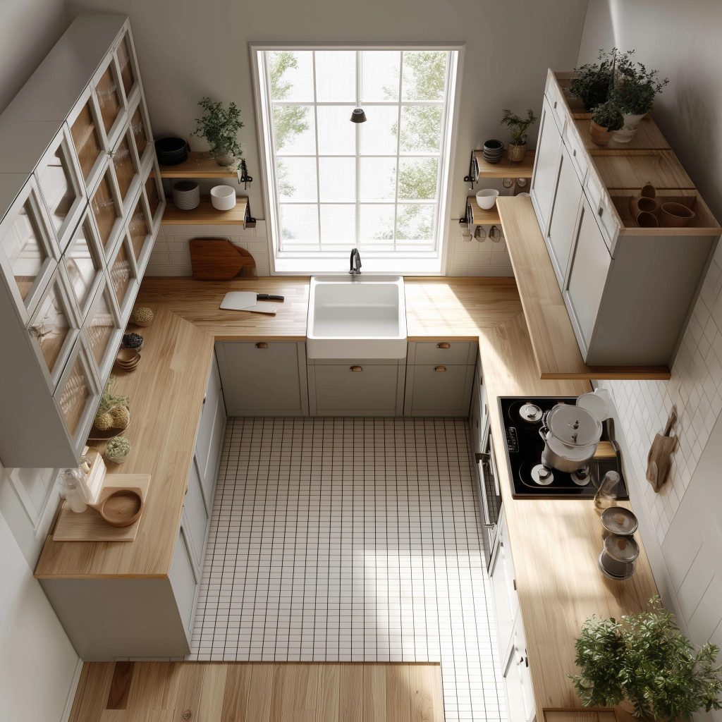 L-shaped kitchen interior top view open storage