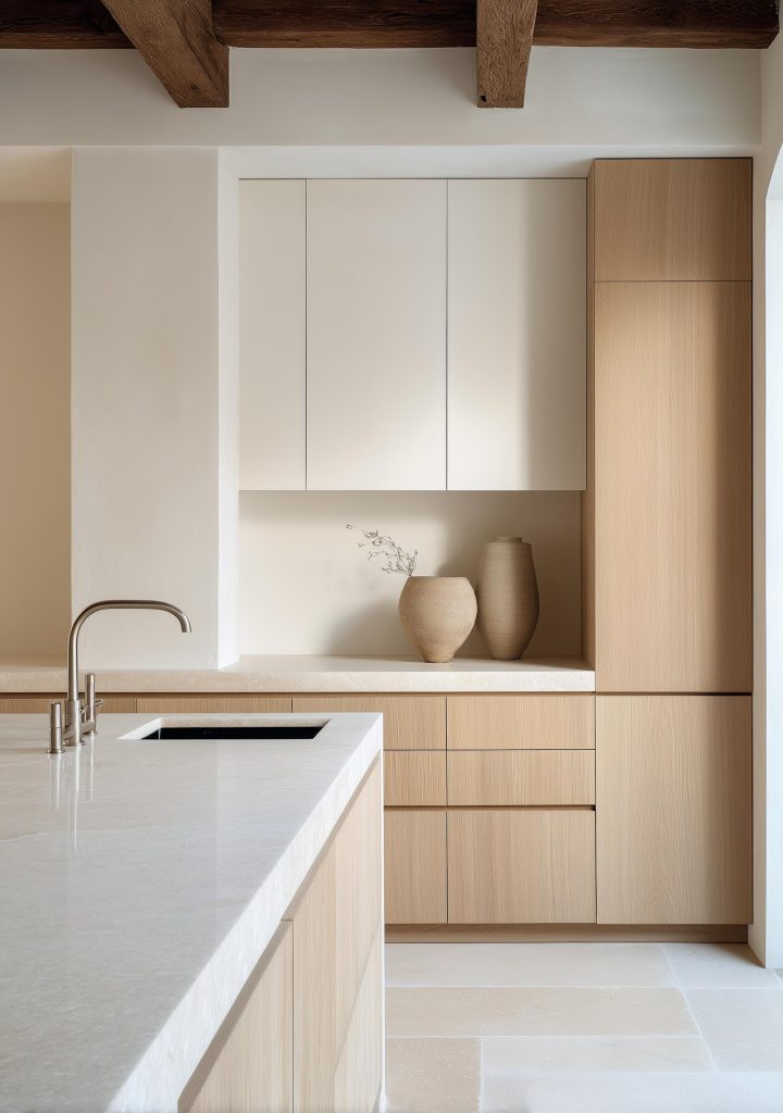 minimal kitchen interior slim cabinetry beige