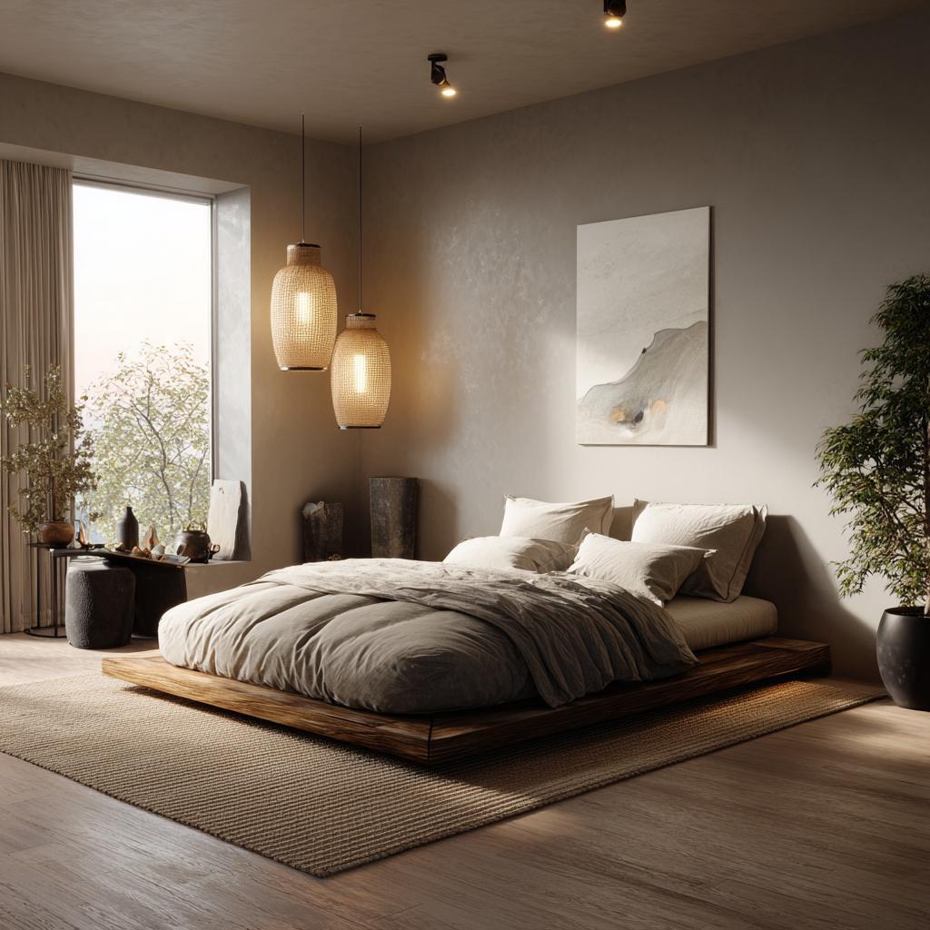 modern bedroom layout with pendant lights