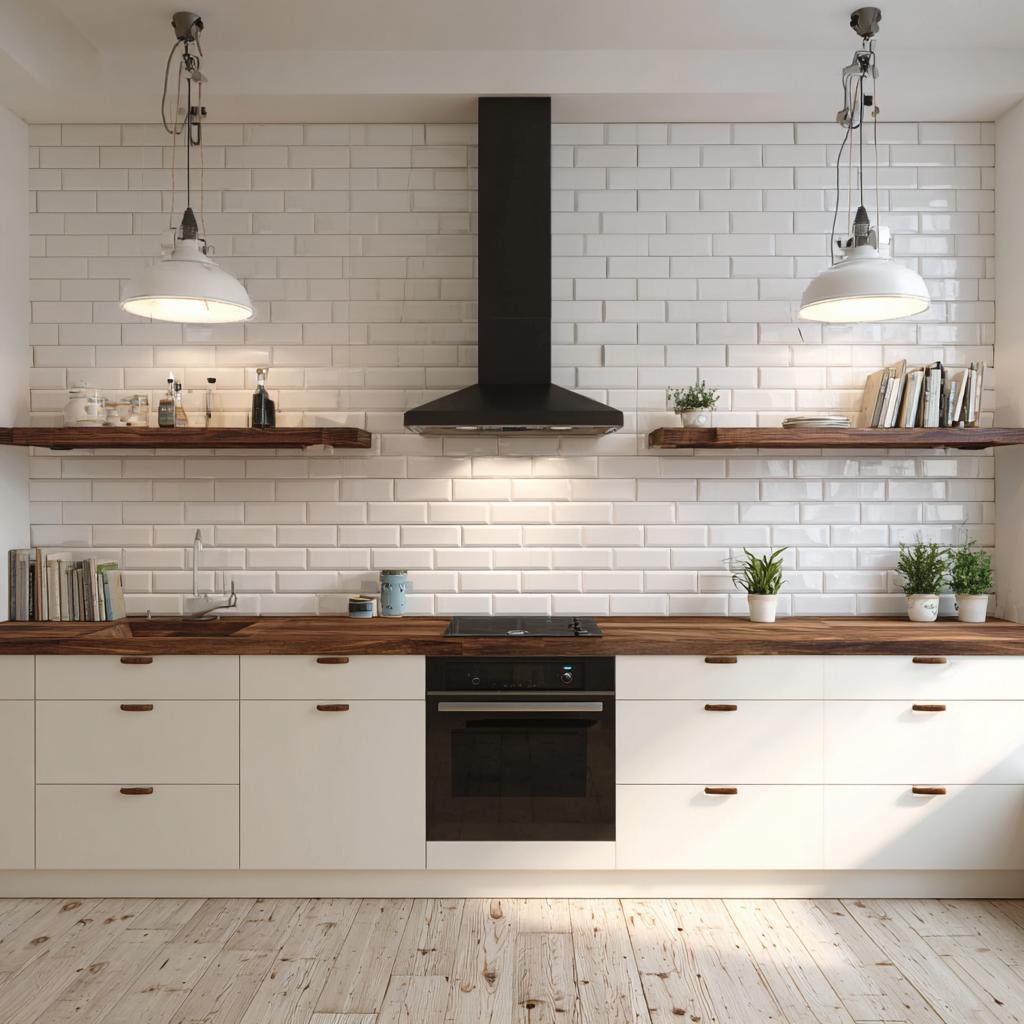 parallel kitchen interior subway tiles open shelves