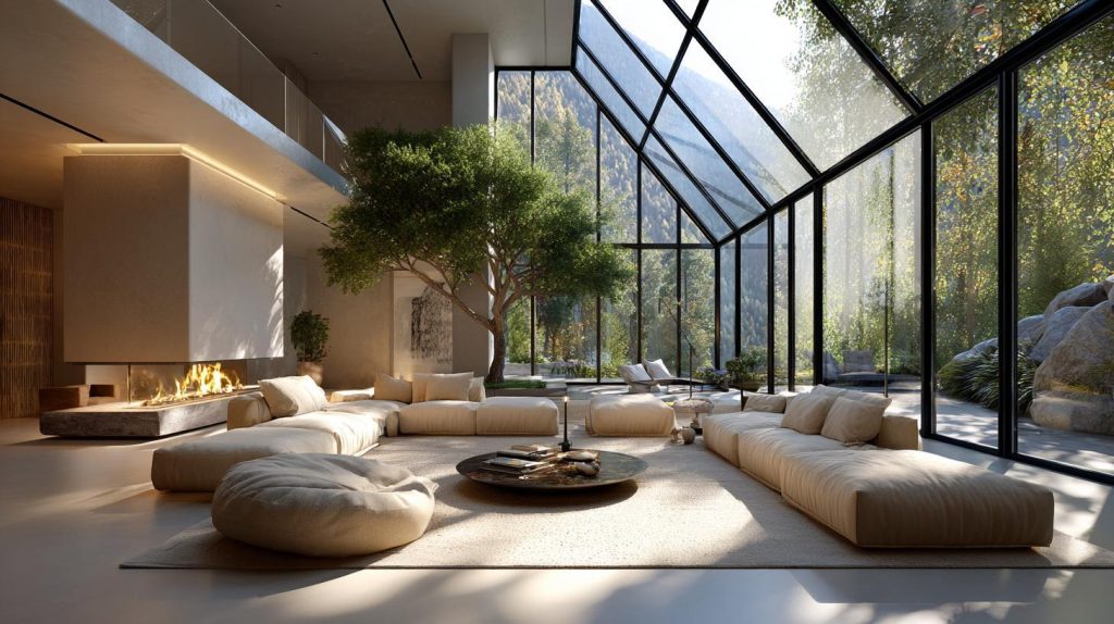 small double height living room glass roof indoor tree