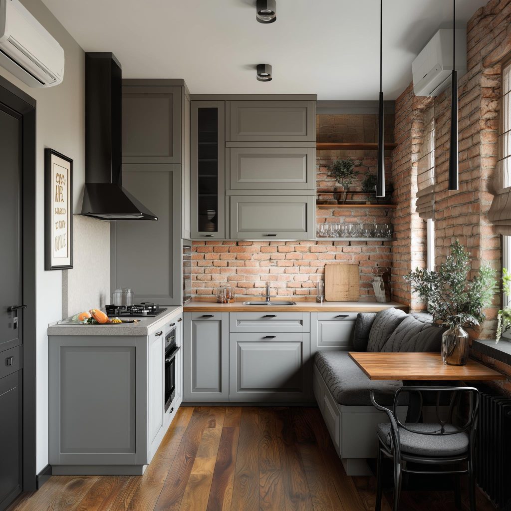  small kitchen interior grey cabinets brick wall