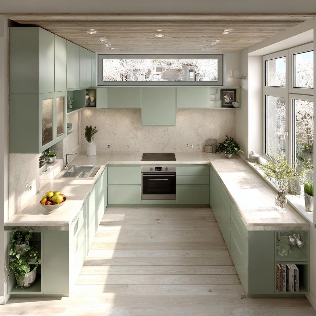 small kitchen interior sage green open shelves