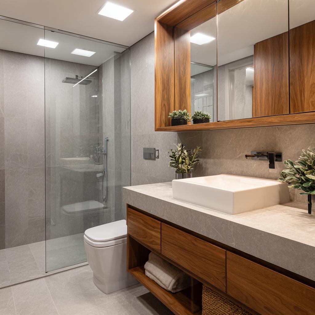  bathroom renovation trends India stone tile wooden vanity