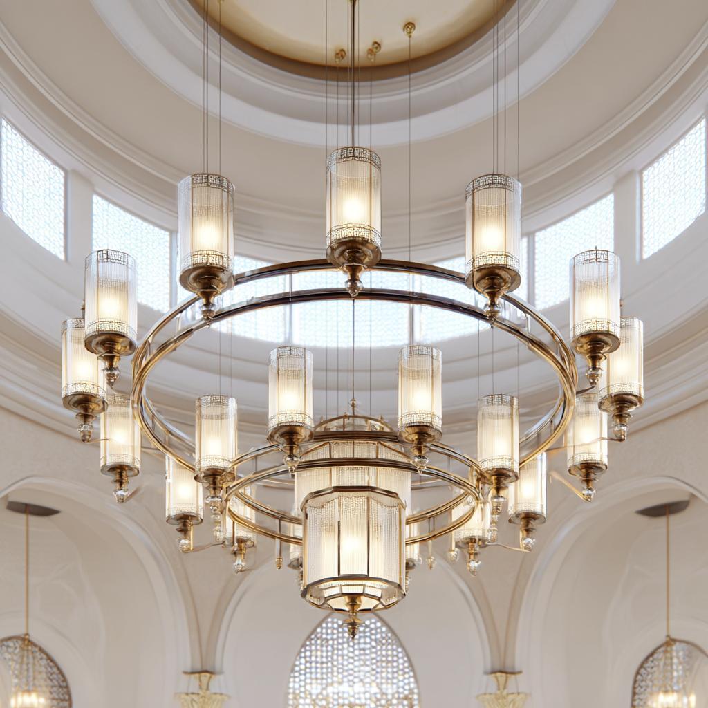 double height ceiling living room statement chandelier