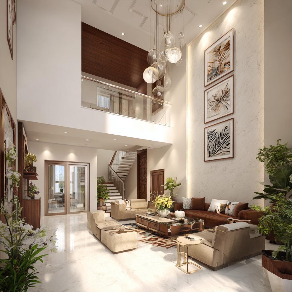  double height living room India duplex staircase