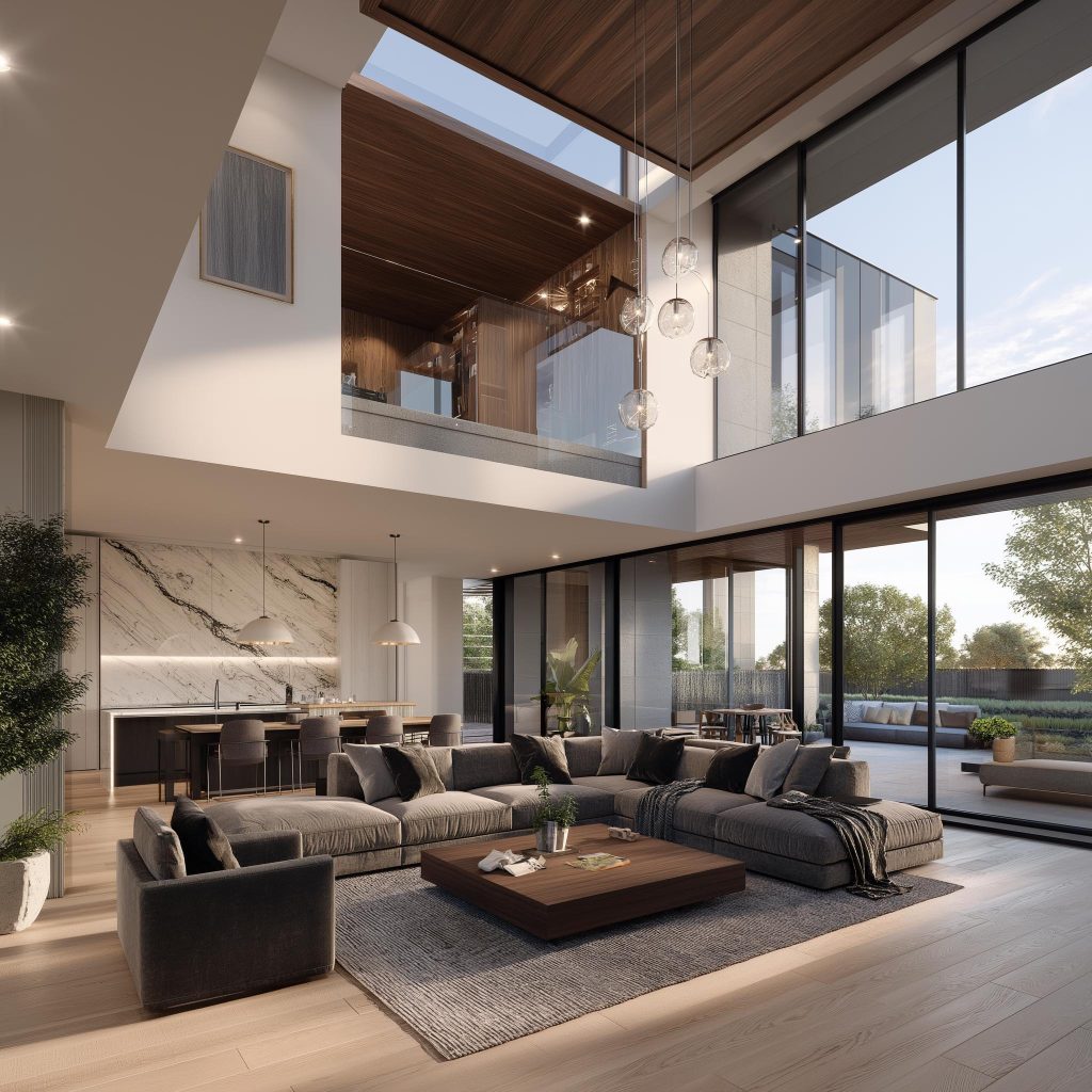 double height living room interior marble kitchen balcony
