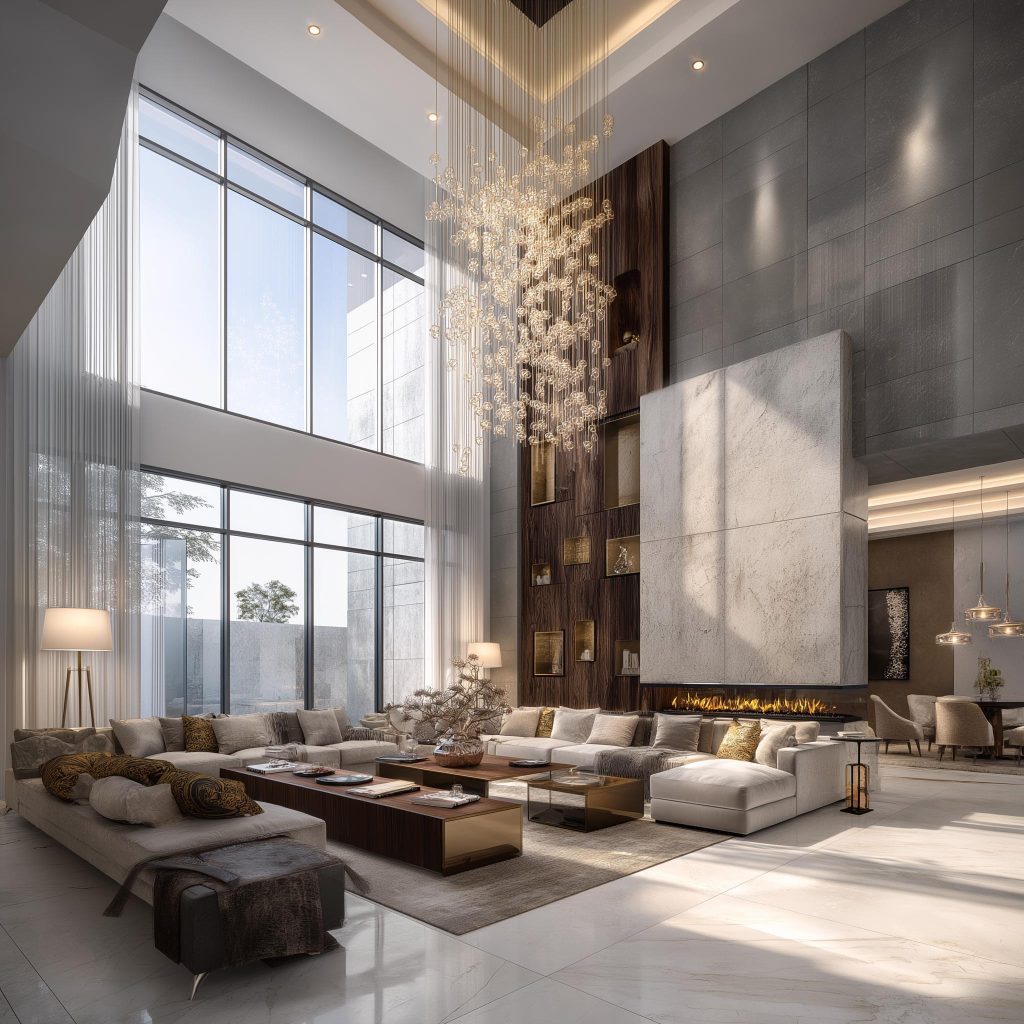 double height living room lighting cascading chandelier