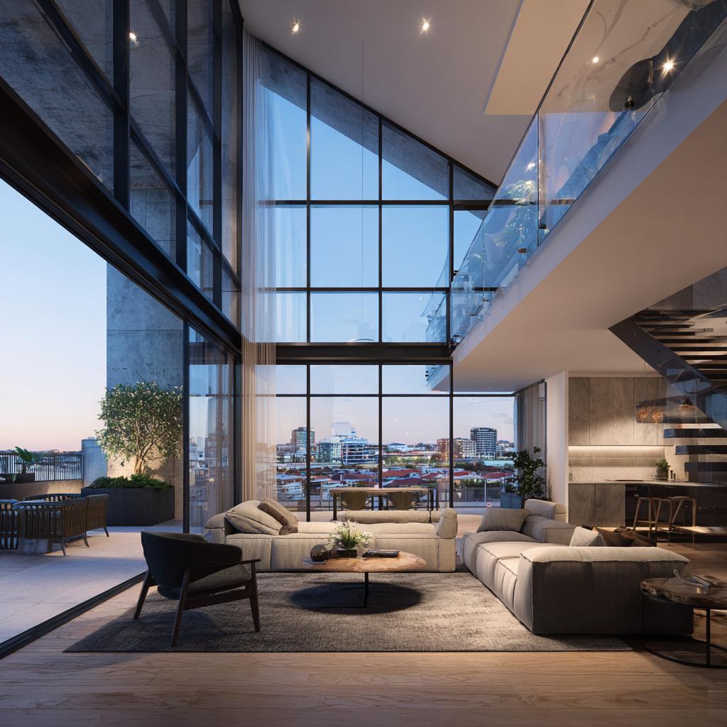 double height living room mezzanine balcony city views