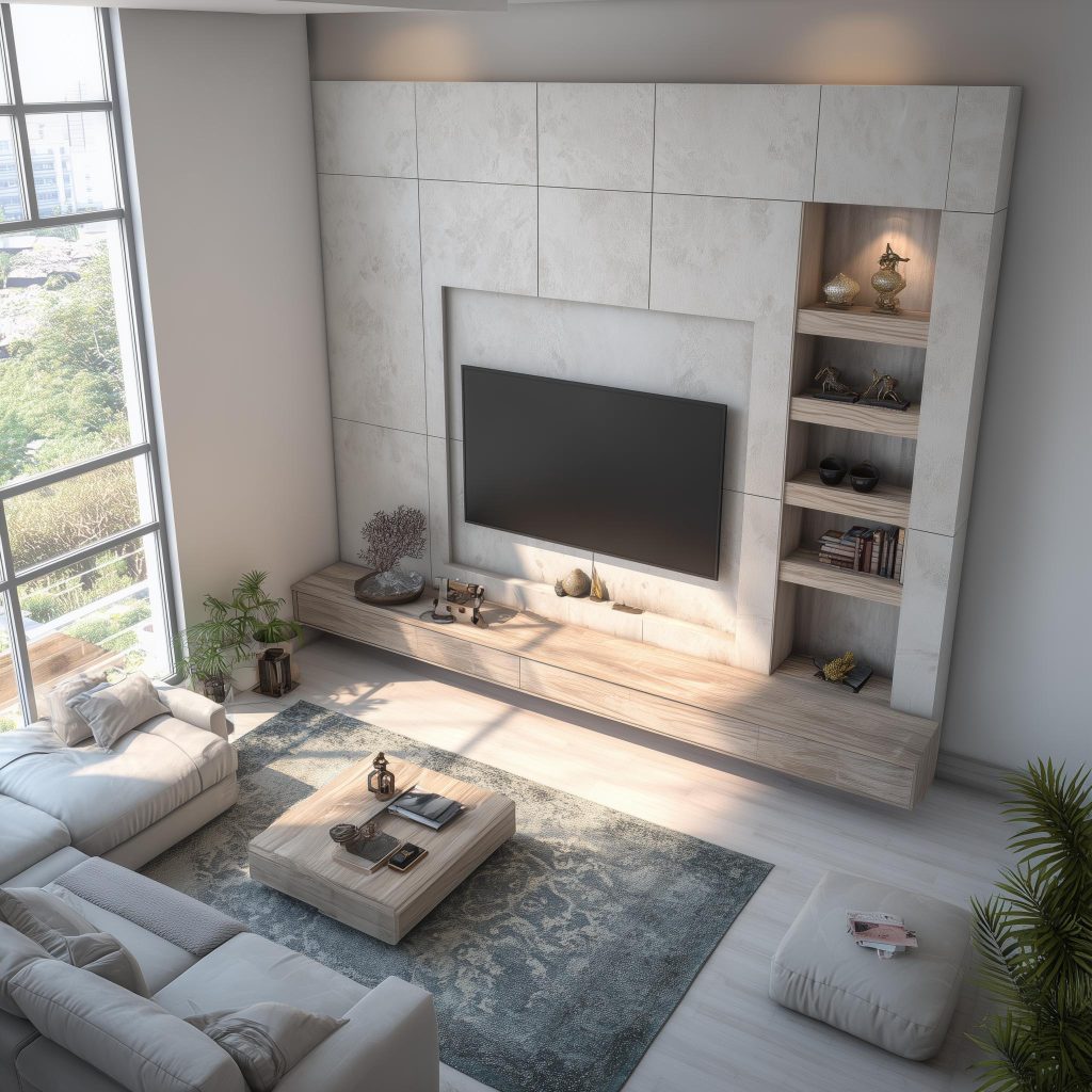 double height living room TV unit stone wall
