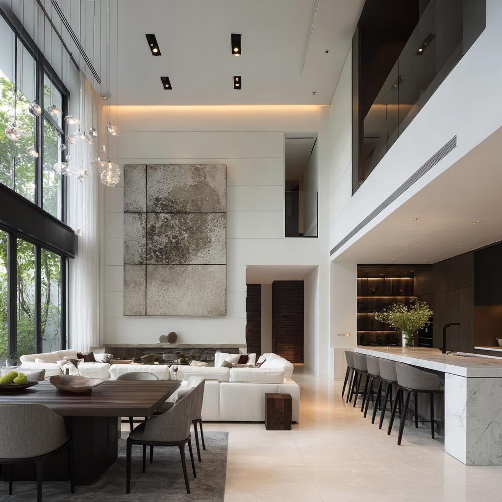 double height living room wall design stone art