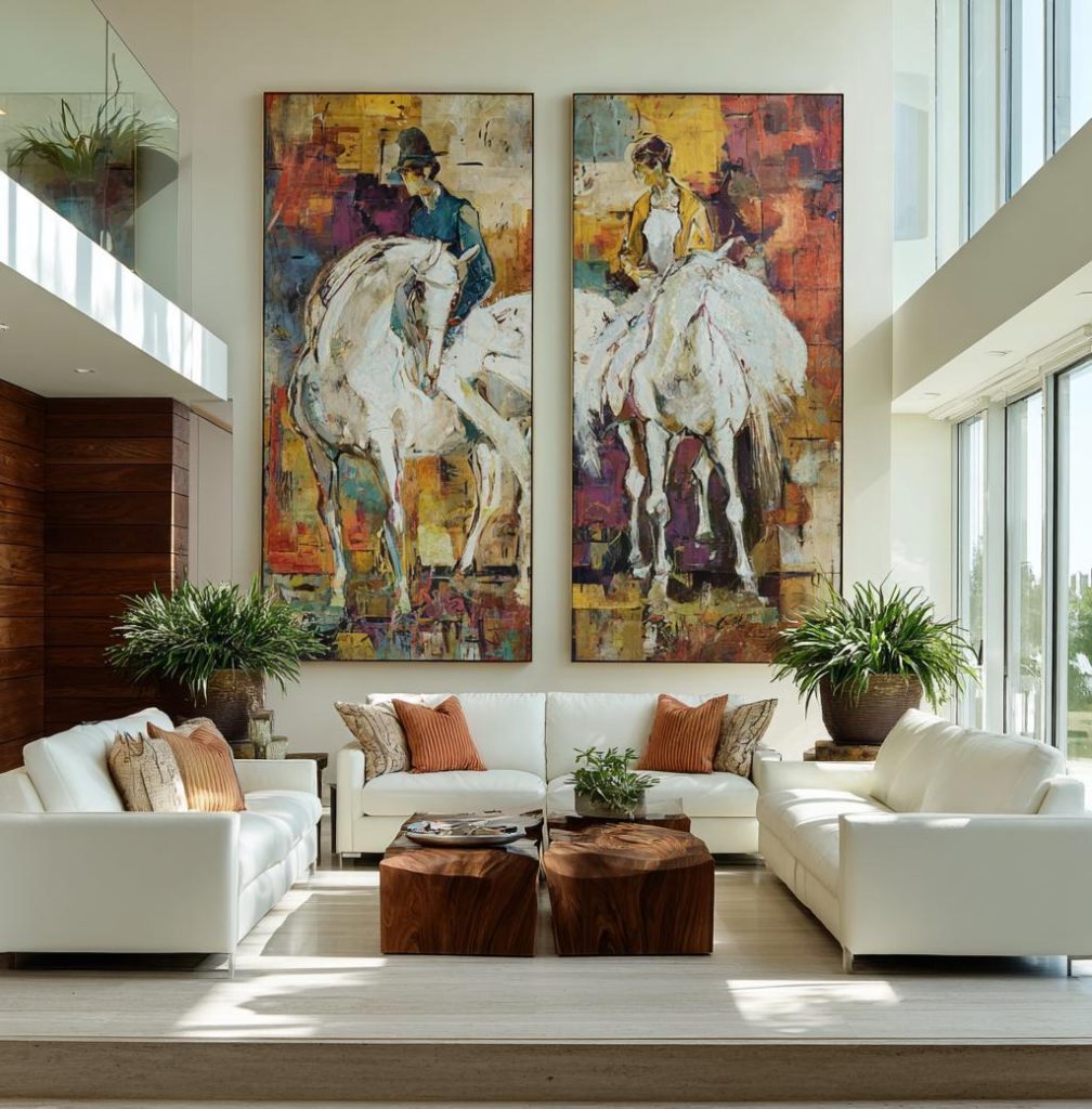 double height living room wall design vertical artwork