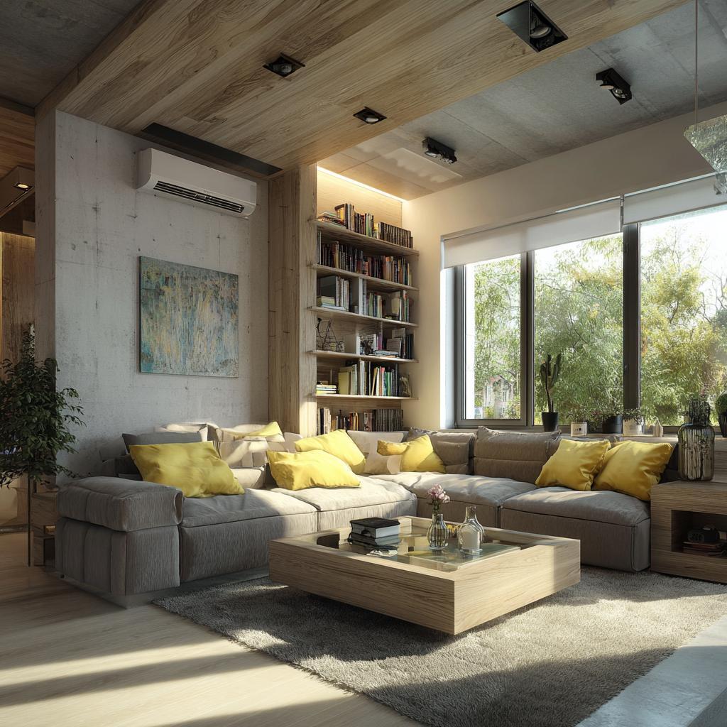  double height living room yellow accents bookshelf wall