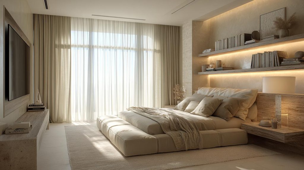 bedroom layout ideas LED shelves platform bed