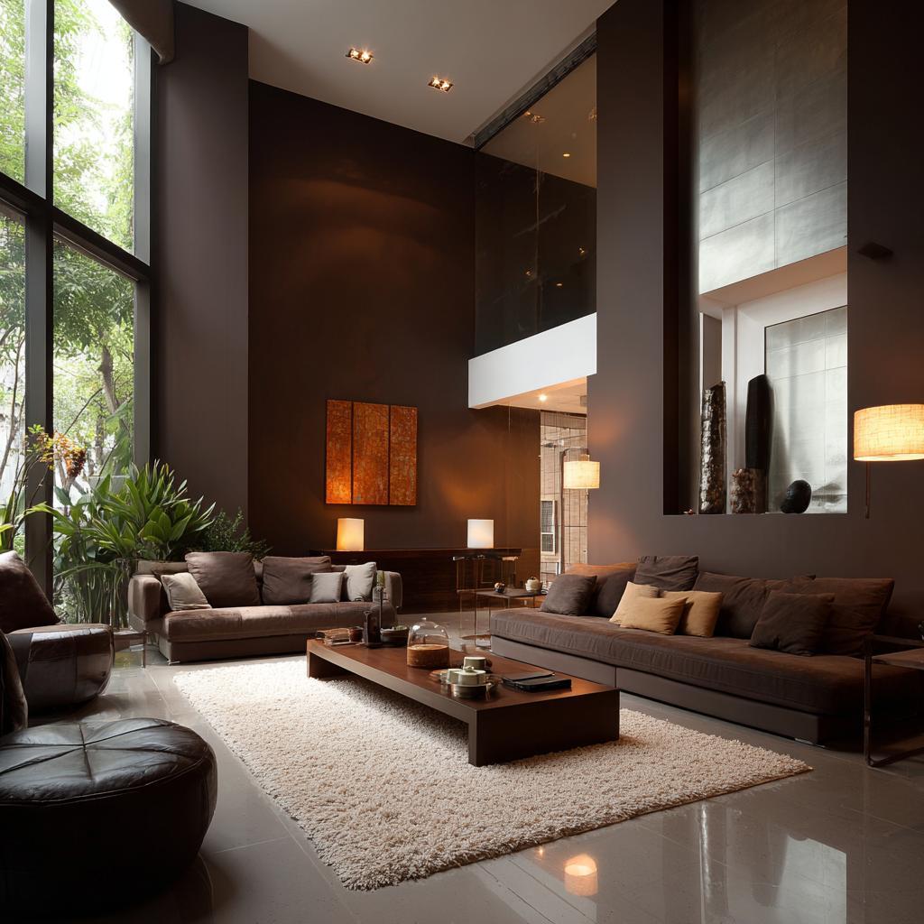  luxury double height living room dark tones plants