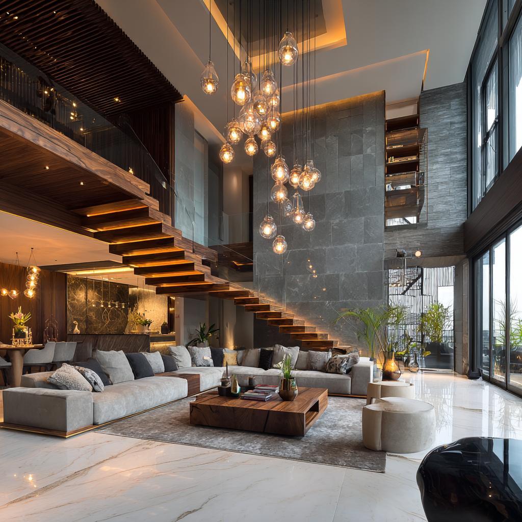  luxury double height living room floating staircase pendants