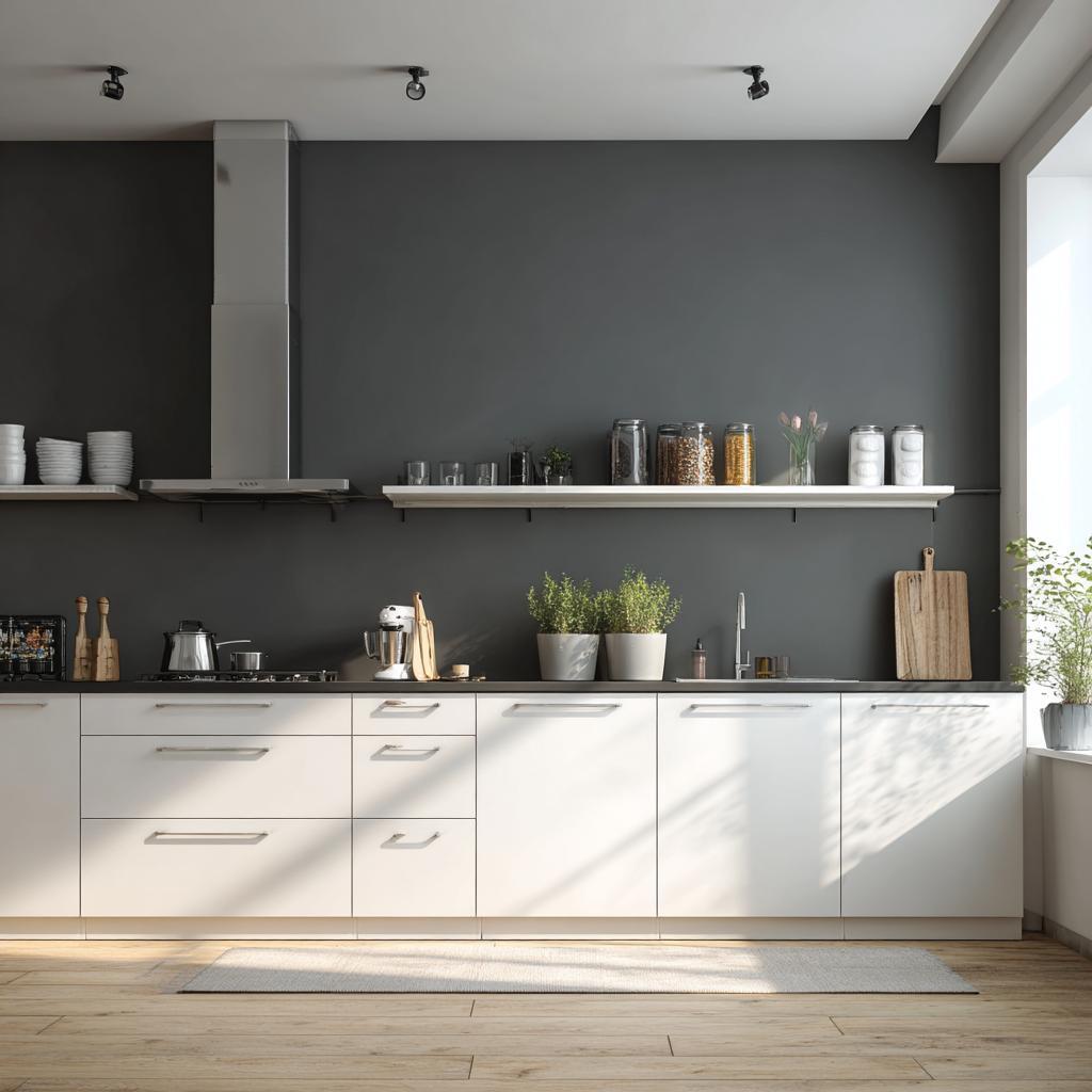 modular kitchen interior open shelves dark wall