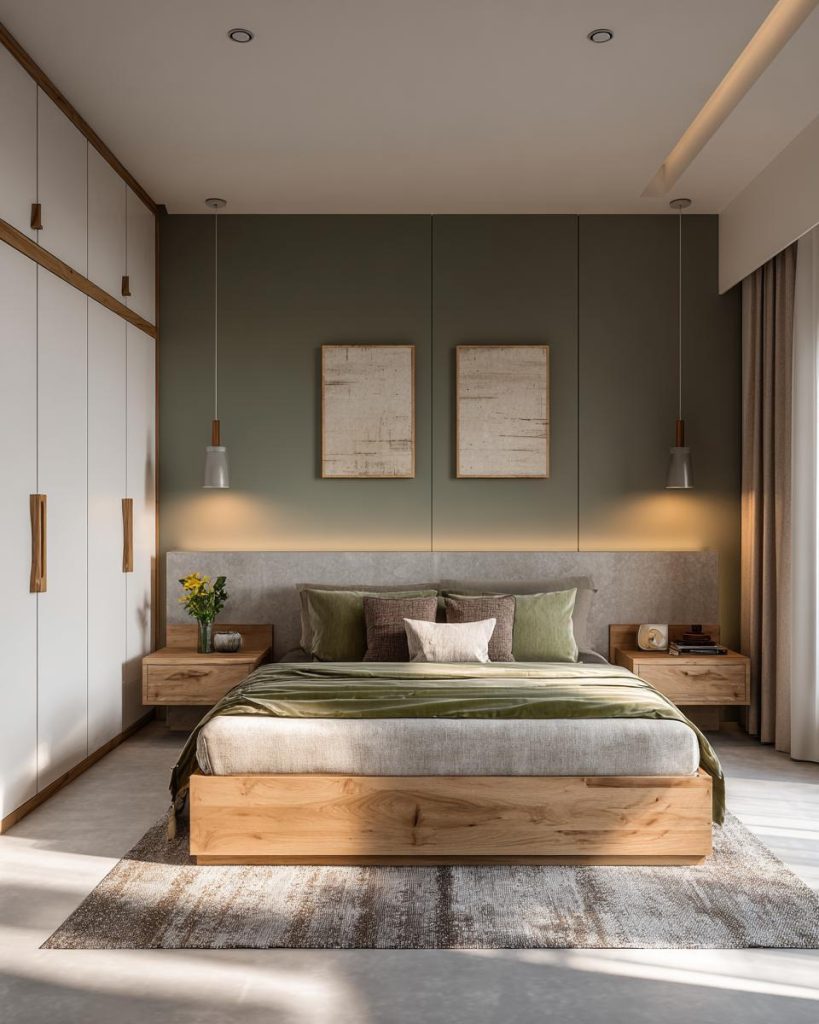 bedroom layout full-height wardrobe pendant lighting