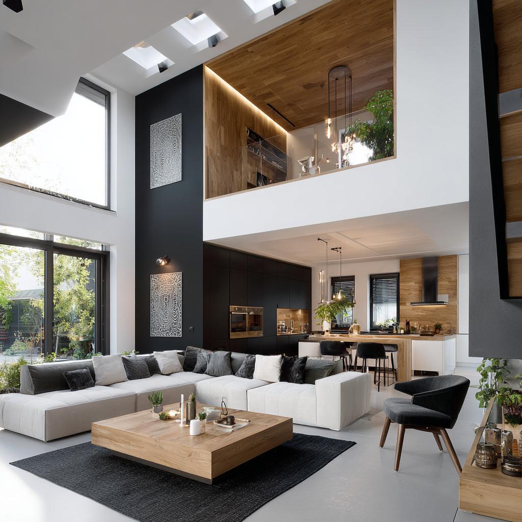  double height duplex living room mezzanine kitchen skylights