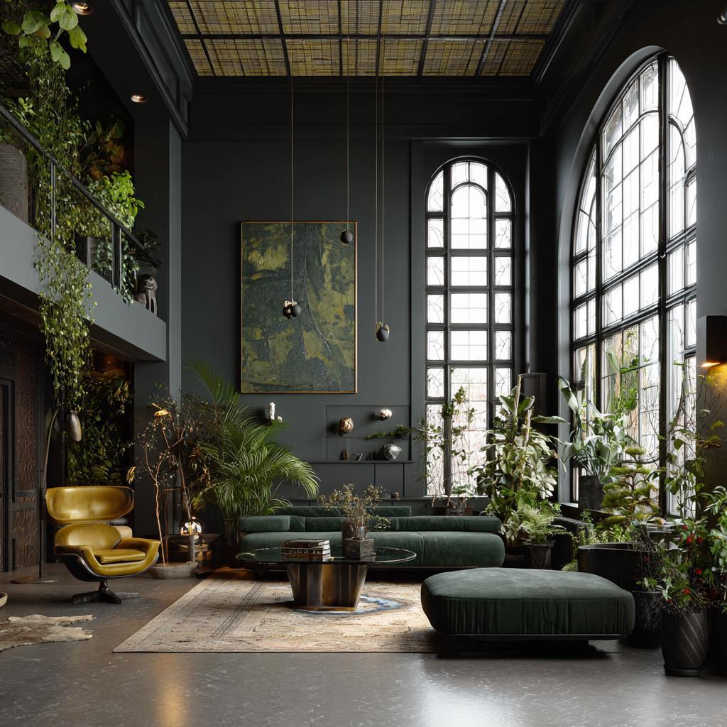  double height living room dark botanical arched windows
