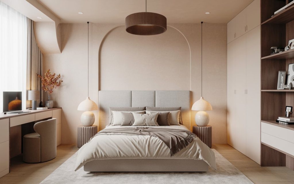  modern bedroom wallpaper design neutral arched decor