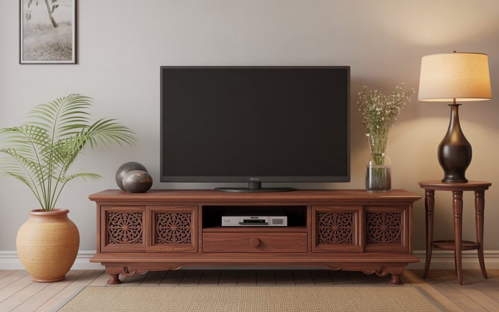 solid wooden TV unit traditional carved design