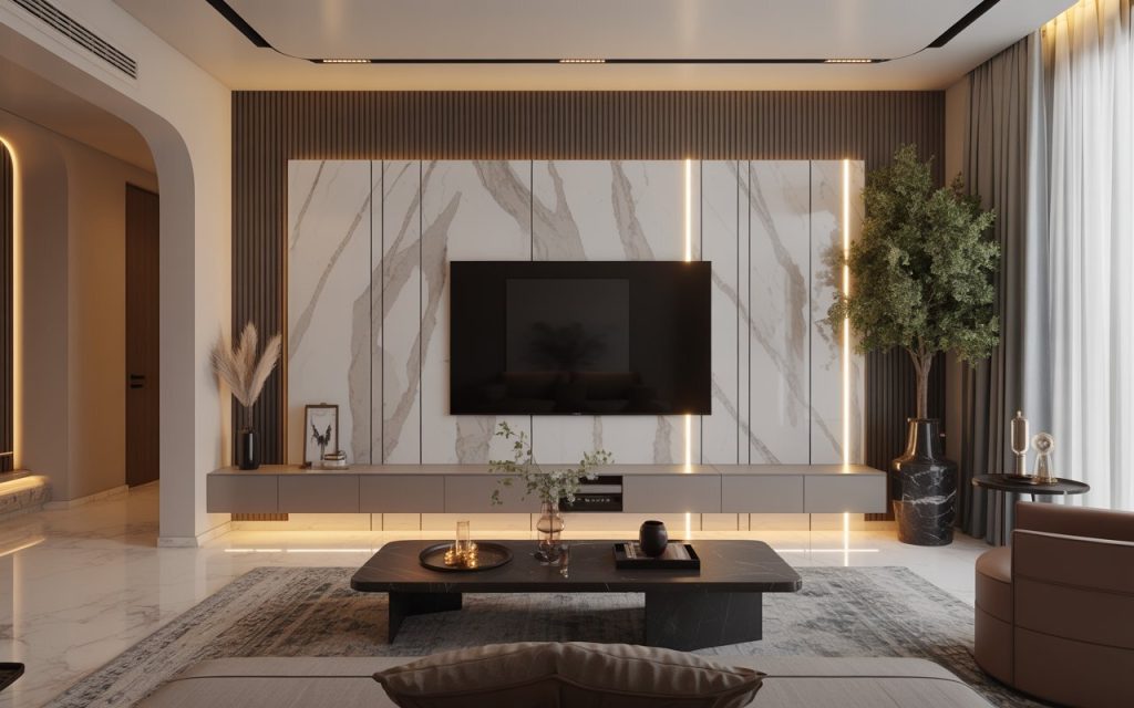  TV unit design LED lights marble wall living room