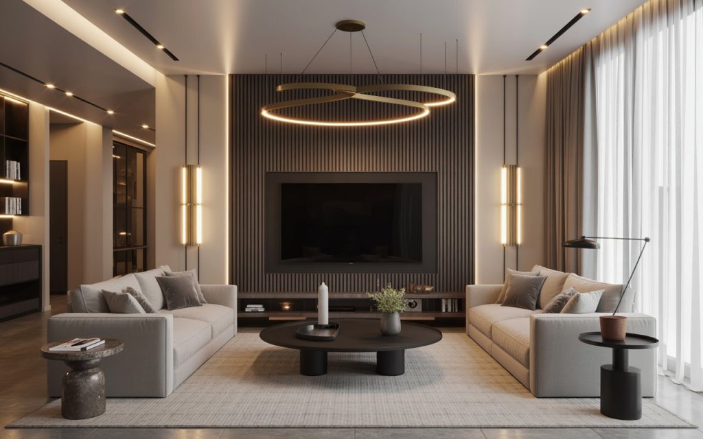 TV unit design pendant lighting dramatic living room