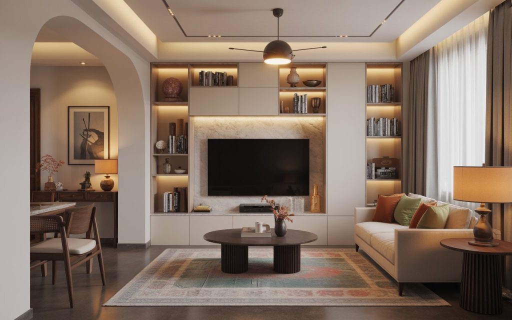 TV unit design with lights living room accent shelves