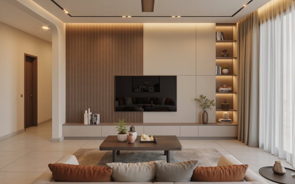 TV unit design with lights wooden shelves warm glow