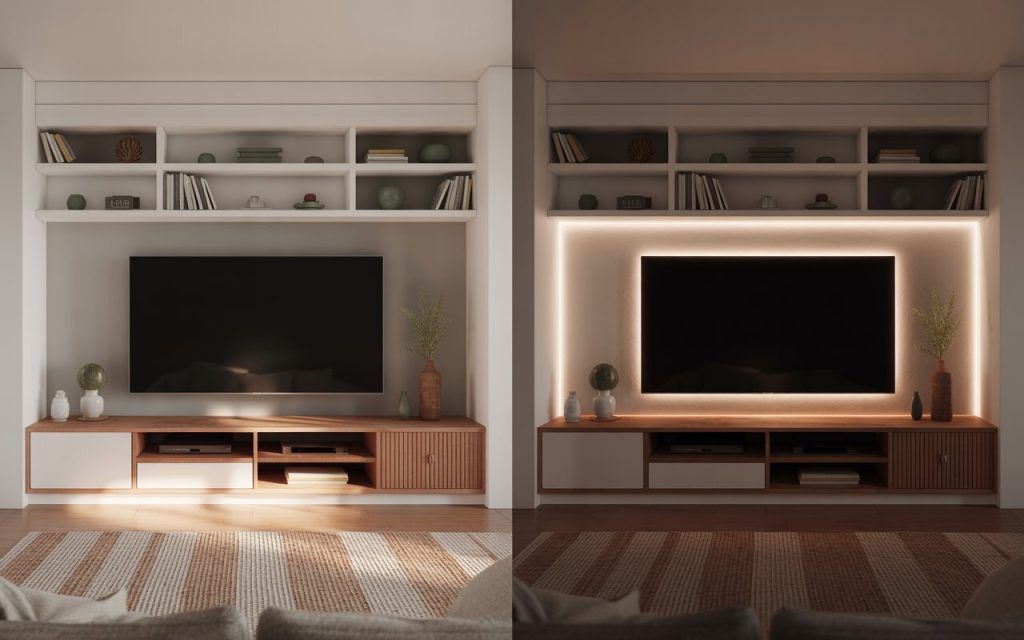 TV unit light design before after LED backlighting