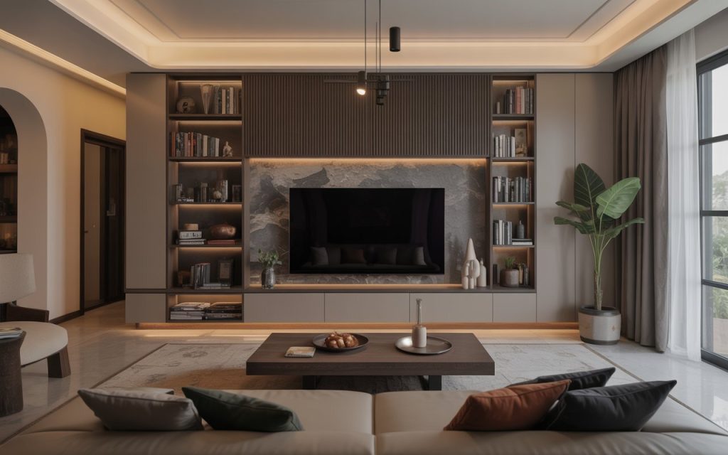  mixed material TV unit wood stone living room