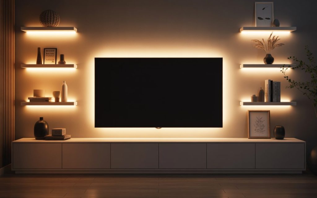TV unit with LED lights backlit shelves ambient glow