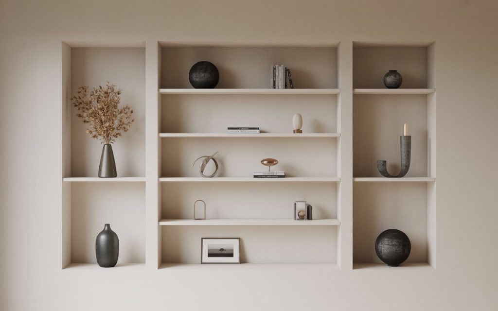wall mounted shelves living room negative space styling