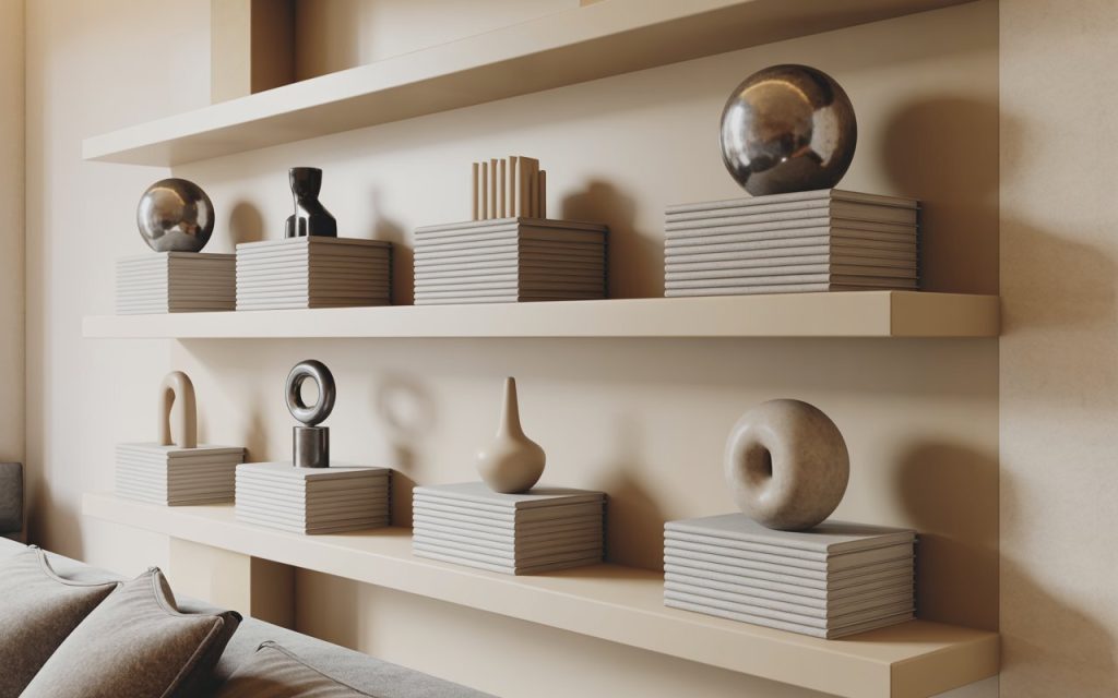 wall shelves living room book stacks neutral decor