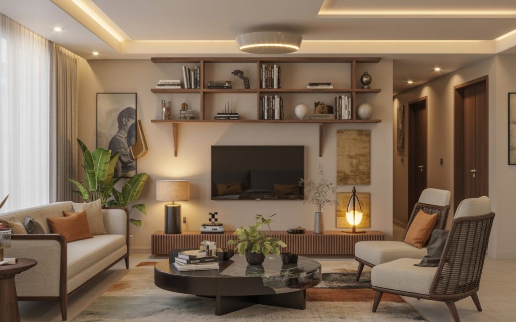 wooden living room wall shelves with TV unit