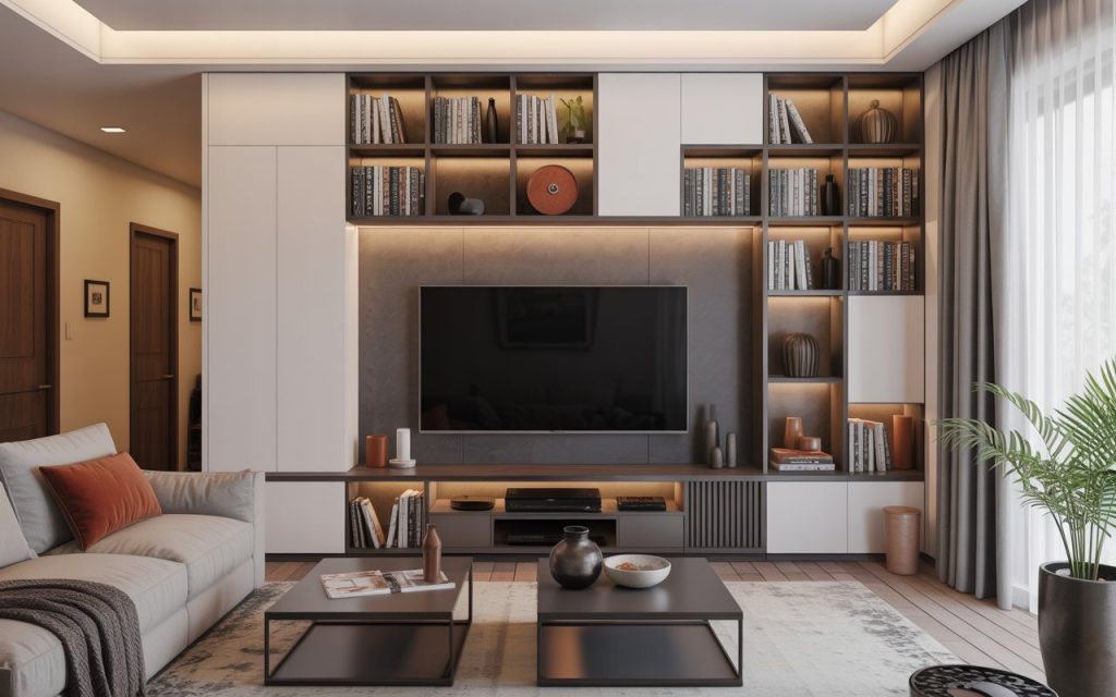 wooden TV unit material built-in living room shelves