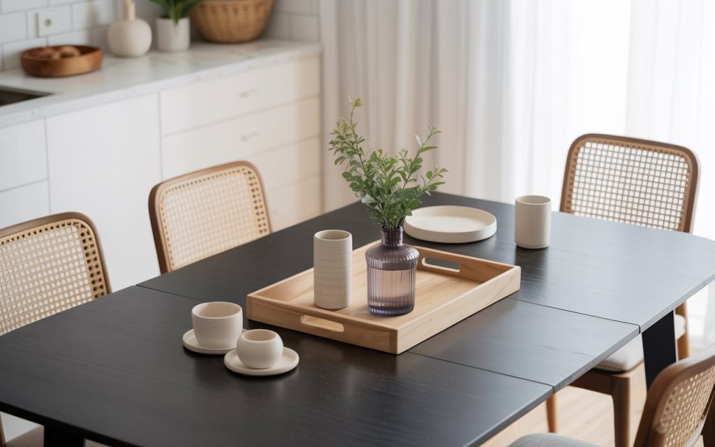 black dining table wooden tray rattan chairs casual decor
