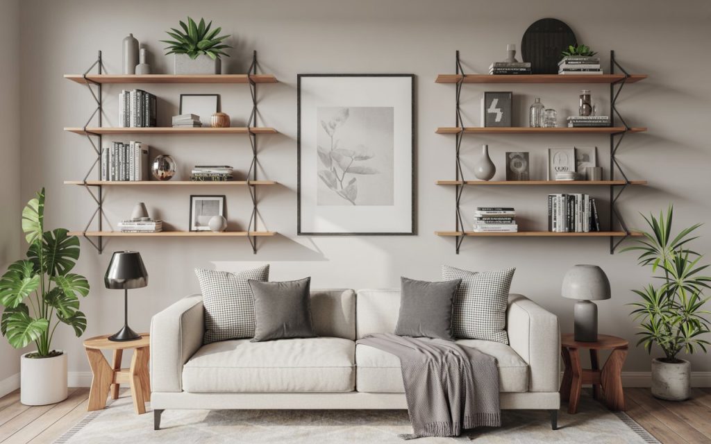 decorative wall shelves living room with plants and books