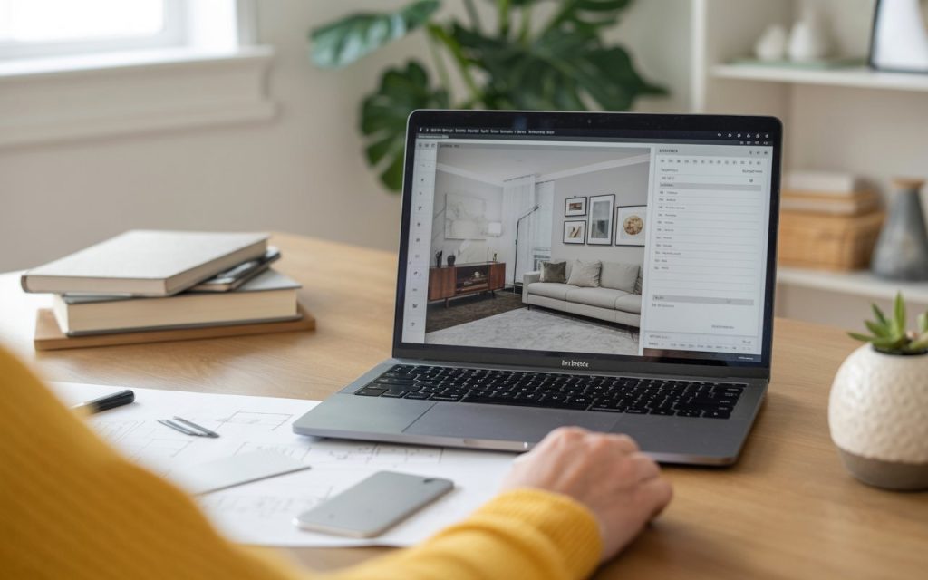 A designer creating a digital room plan on a laptop, representing the e-design virtual service process.