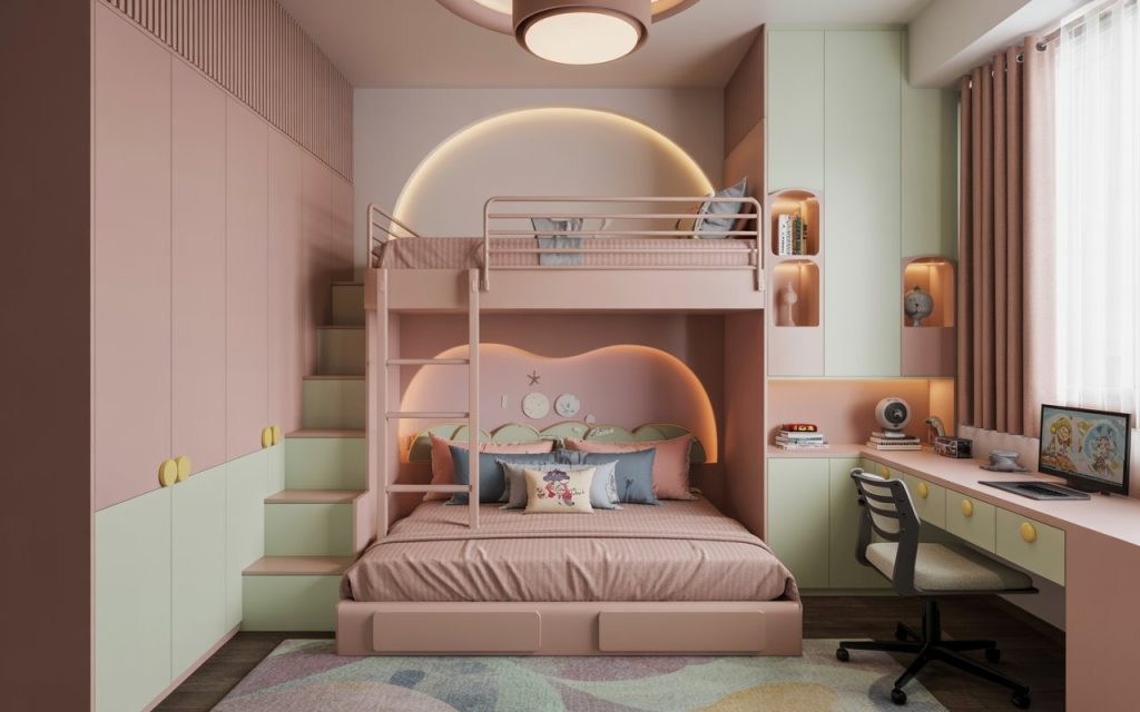 fancy bunk beds for girls pink staircase study desk