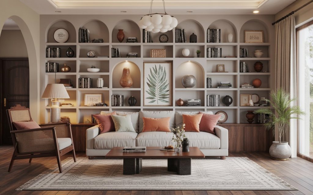  floor to ceiling living room wall shelves arched display