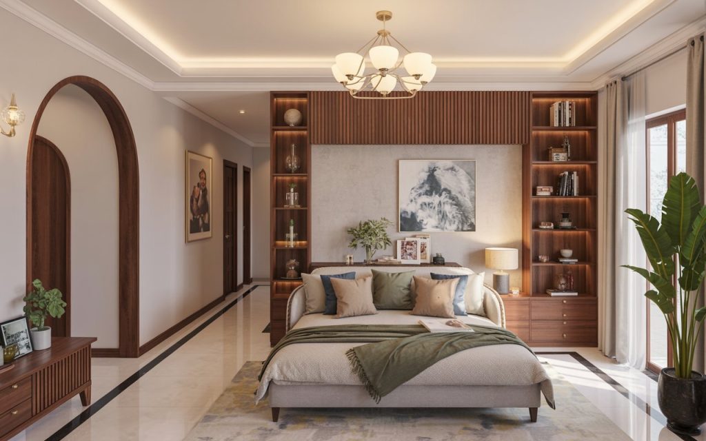full service interior design bedroom wood panelling chandelier
