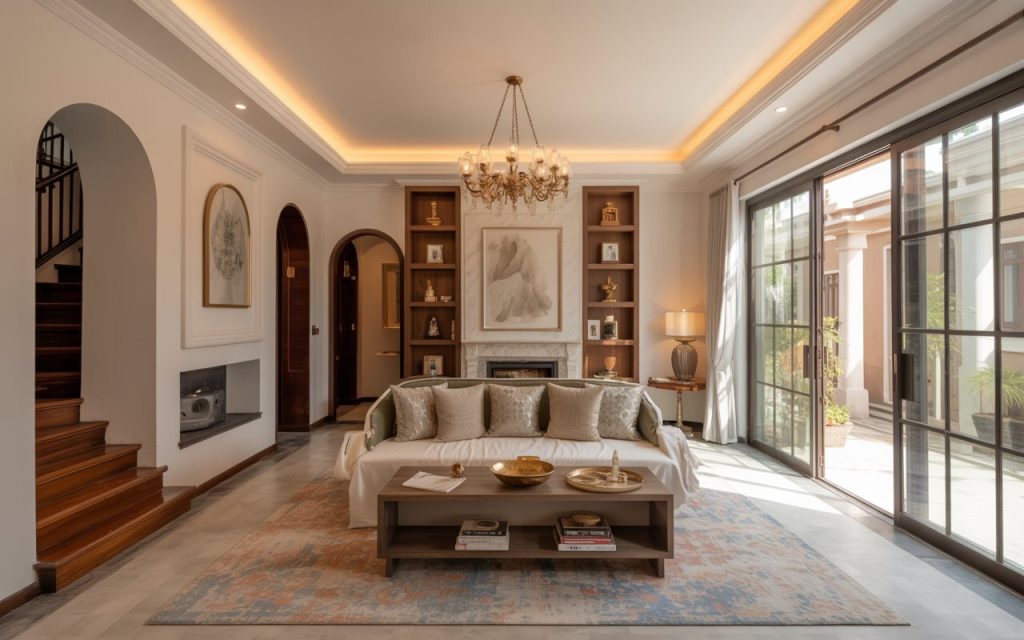  full service interior design luxury living room chandelier arches