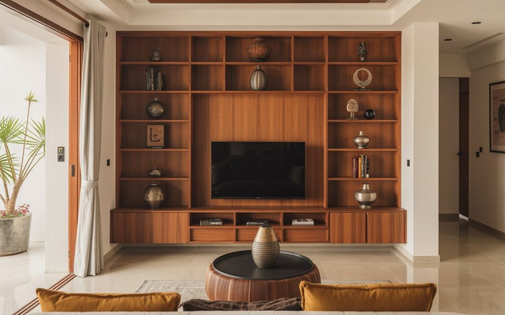 wooden wall shelves living room full-wall TV unit